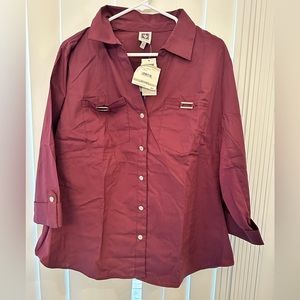 Anne Klein deep red 1X button-up with stretch sides. NWT